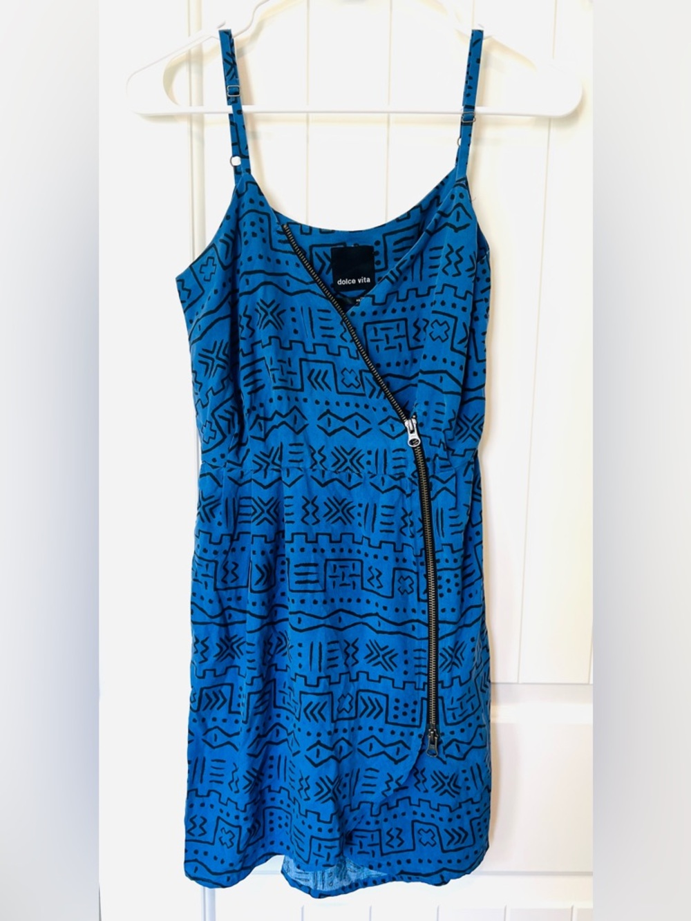 Vintage Dolce Vita Blue Geometric-Print Zip Slip Dress - Small